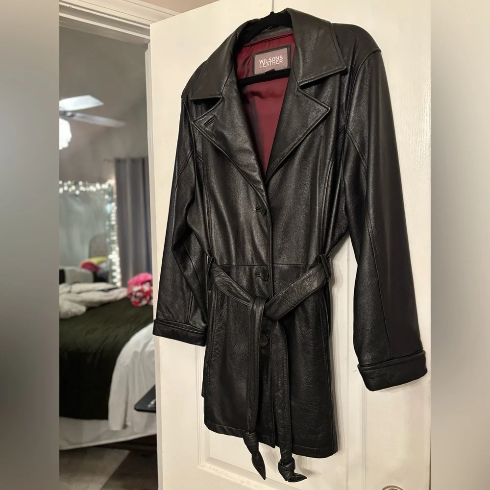Vintage Wilsons Leather Black Qtr Trench Coat With Belt Womens 1X 🖤🎄 - Picture 8 of 10